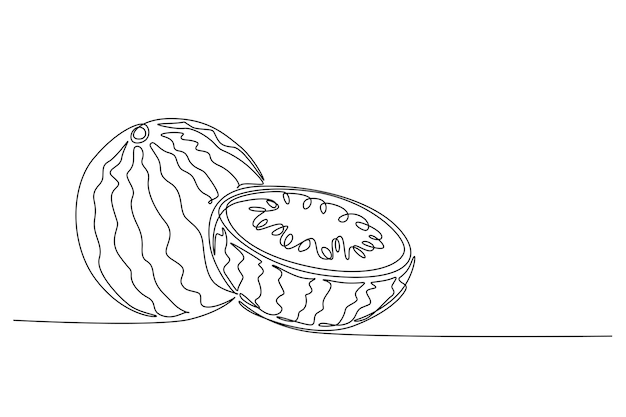 Dibujo continuo de una línea de sandía orgánica sana y cortada para la identidad del logotipo del huerto Concepto de fruta fresca para el icono del huerto Dibujo de línea única Ilustración gráfica vectorial de diseño