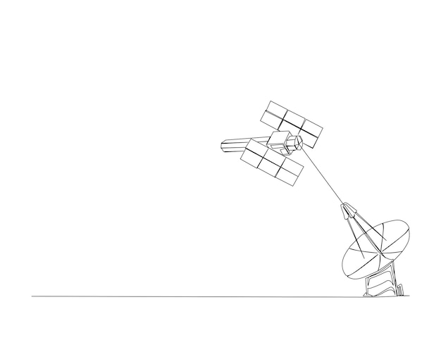 Dibujo continuo de una línea de satélite conectado en órbita con disco de satélite