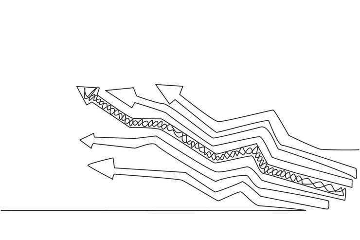 Vector dibujo continuo de una línea de señales de flecha hacia arriba de varias vías caminos del vector de estrategia empresarial