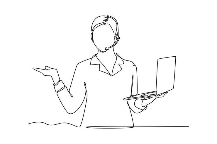 Vector dibujo continuo de una línea de servicio al cliente femenino sosteniendo la computadora portátil y haciendo el gesto de bienvenida concepto de marketing dibujo de línea única ilustración gráfica vectorial de diseño