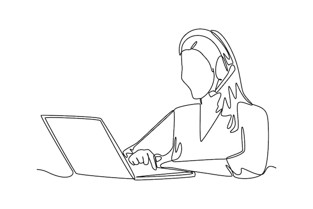 Dibujo continuo de una línea El servicio al cliente interactúa constantemente con diferentes consumidores y recursos con la computadora portátil Concepto de marketing Ilustración gráfica vectorial de diseño de dibujo de una sola línea
