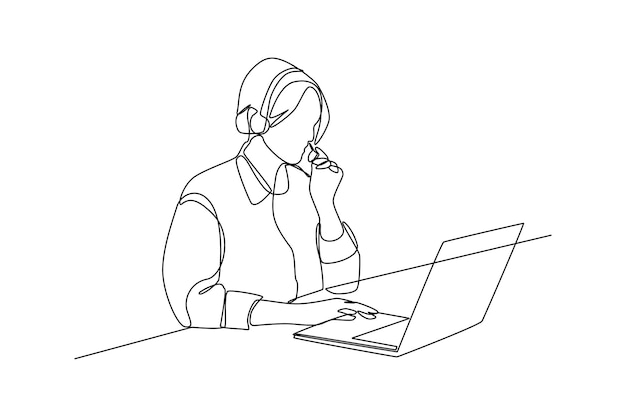 Dibujo continuo de una línea El servicio al cliente se reúne constantemente con el cliente mediante una computadora portátil Concepto de marketing Ilustración gráfica vectorial de diseño de dibujo de una sola línea