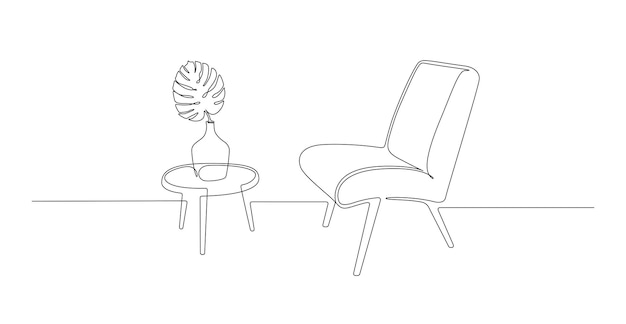Vector dibujo continuo de una línea de sillón y mesa con jarrón con hoja de monstera muebles de estilo escandinavo para sala de estar o concepto de hotel loft en estilo lineal simple ilustración de vector de doodle
