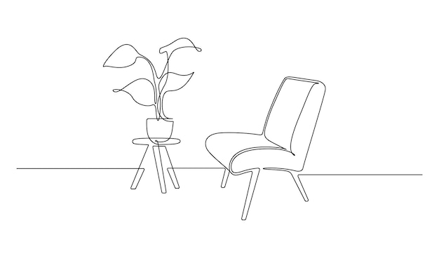 Dibujo continuo de una línea de sillón y mesa con jarrón con muebles de estilo escandinavo de plantas para sala de estar o concepto de hotel loft en estilo lineal simple Ilustración de vector de Doodle