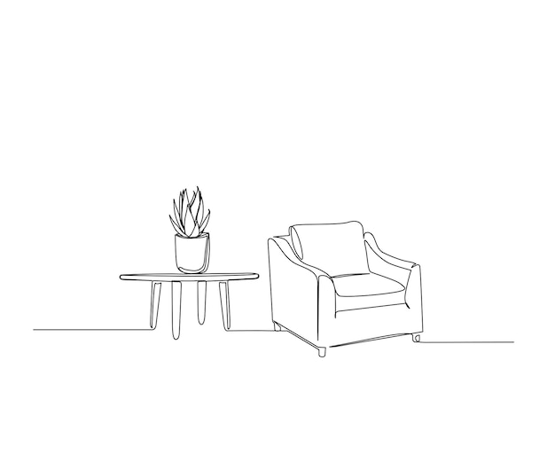 Dibujo continuo de una línea de sillón con mesa y planta de la casa