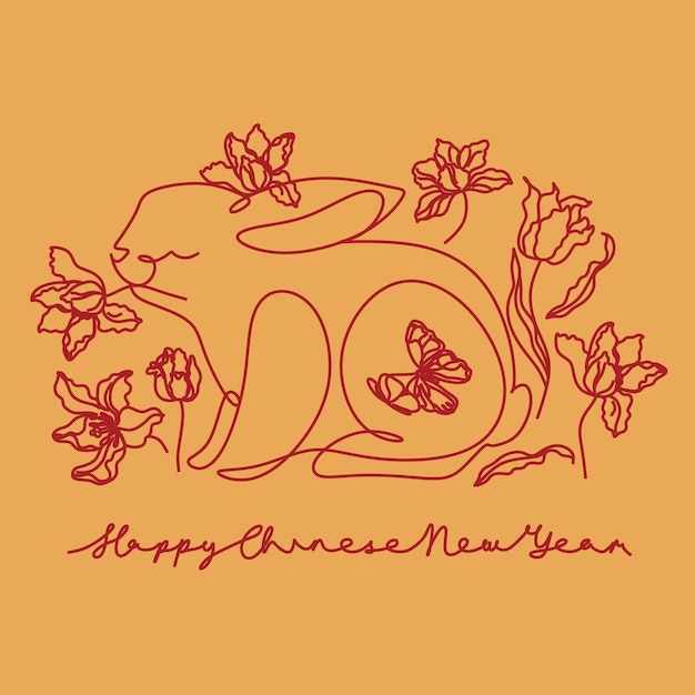 Dibujo continuo de una línea del símbolo de conejito del año 2023 Silueta de conejo esponjoso con orejas en estilo lineal simple para tarjeta de felicitación de diseño de invierno y banner web Doodle Vector ilustración