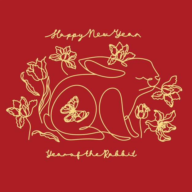 Dibujo continuo de una línea del símbolo de conejito del año 2023 Silueta de conejo esponjoso con orejas en estilo lineal simple para tarjeta de felicitación de diseño de invierno y banner web Doodle Vector ilustración