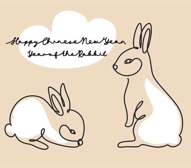 Dibujo continuo de una línea del símbolo de conejito del año 2023 Silueta de conejo esponjoso con orejas en estilo lineal simple para tarjeta de felicitación de diseño de invierno y banner web Doodle Vector ilustración
