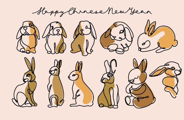 Dibujo continuo de una línea del símbolo de conejito del año 2023 Silueta de conejo esponjoso con orejas en estilo lineal simple para tarjeta de felicitación de diseño de invierno y banner web Doodle Vector ilustración
