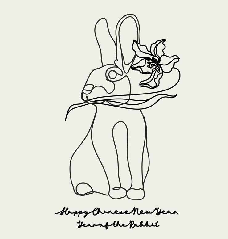 Vector dibujo continuo de una línea del símbolo de conejito del año 2023 silueta de conejo esponjoso con orejas en estilo lineal simple para tarjeta de felicitación de diseño de invierno y banner web doodle vector ilustración