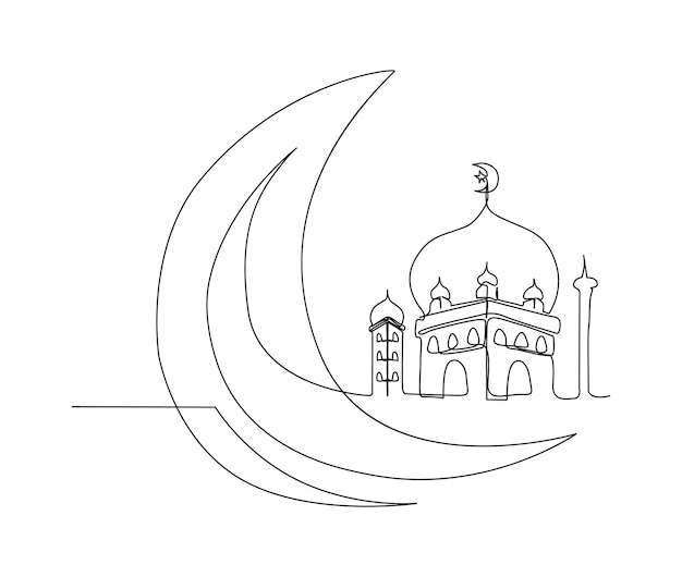 Dibujo continuo de una línea del símbolo ramadan kareem. ilustración simple de ramadan latern, mezquita,