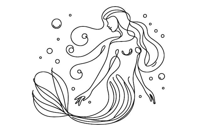 Dibujo continuo de una línea de una sirena Ilustración gráfica de un dibujo de una criatura mítica