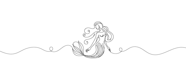Dibujo continuo de una línea de una sirena Ilustración gráfica de un dibujo de una criatura mítica