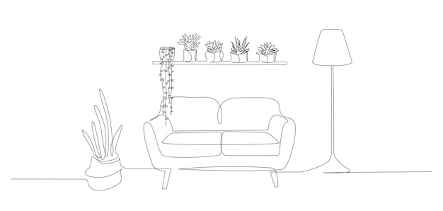 Dibujo continuo de una línea de sofá y estante de pared con plantas en macetas y lámpara de pie. Sofá moderno de muebles escandinavos en estilo lineal simple. Ilustración de vector de Doodle