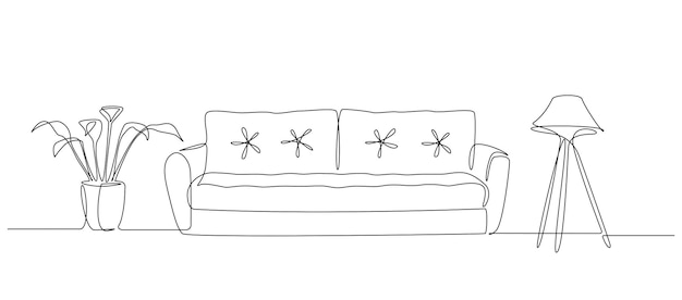 Dibujo continuo de una línea de sofá y lámpara y mesa con planta. muebles con estilo escandinavo en estilo lineal simple. ilustración de vector de doodle