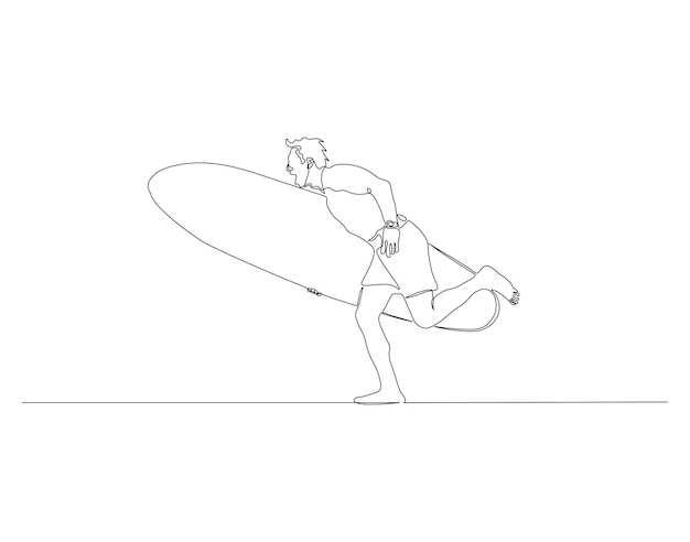 Vector dibujo continuo de la línea del surfista surfeando en la ola una línea de surfeo del surfista deportes acuáticos extremos