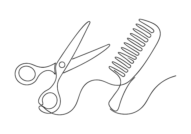 Dibujo continuo de una línea de tijeras y peine Minimalista herramientas de peinado Arte