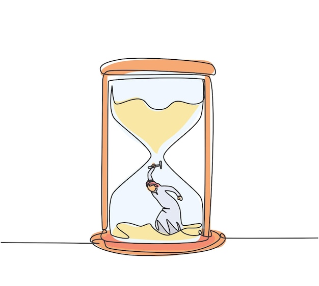 Dibujo continuo de una línea Trabajador árabe cavando tesoro dentro del reloj de arena Obteniendo idea vector