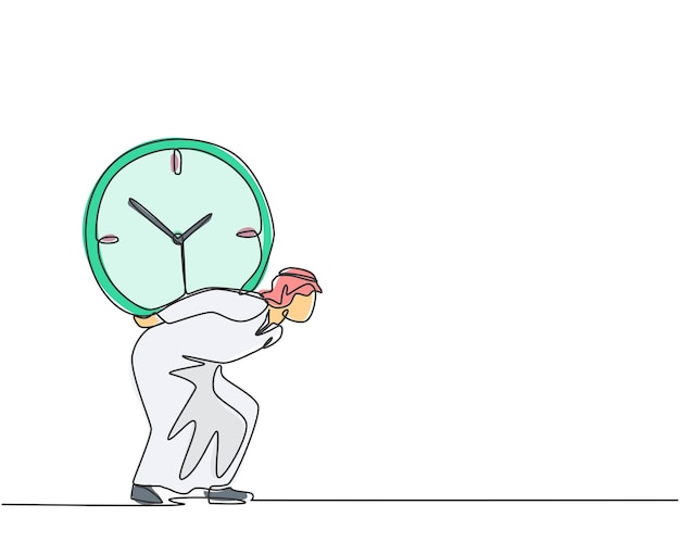 Dibujo continuo de una línea Un trabajador árabe llevaba al hombro un gran reloj analógico pesado con su vector trasero