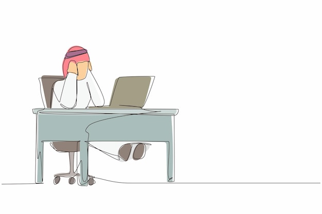Un dibujo continuo de una línea trabajador de oficina cansado hombre personaje hombre árabe trabajando sintiéndose mal