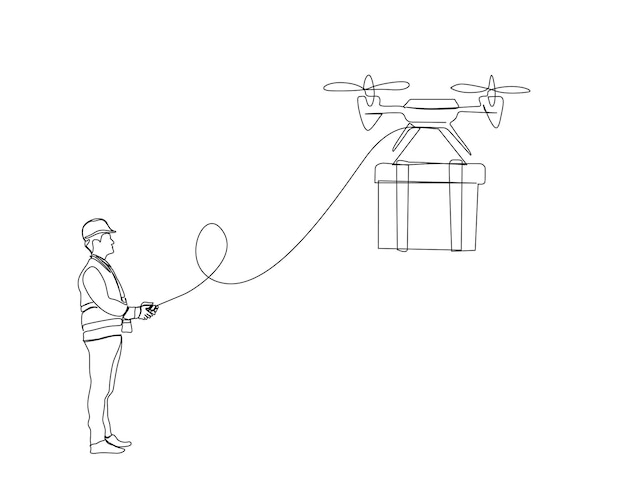 Dibujo continuo de una línea de un trabajador volando un dron de entrega