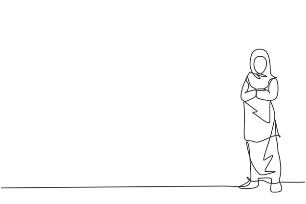 Dibujo continuo de una línea trabajadora árabe parada mientras cruza los brazos en el pecho vector de negocios