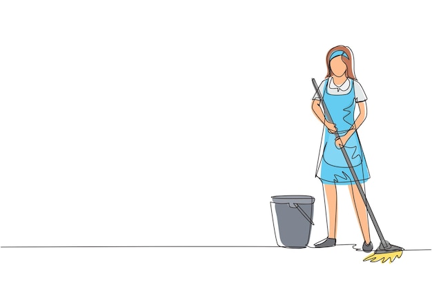 Un dibujo continuo de una línea de una trabajadora de la casa con una escoba para el polvo. Vector de conserje de mujer.