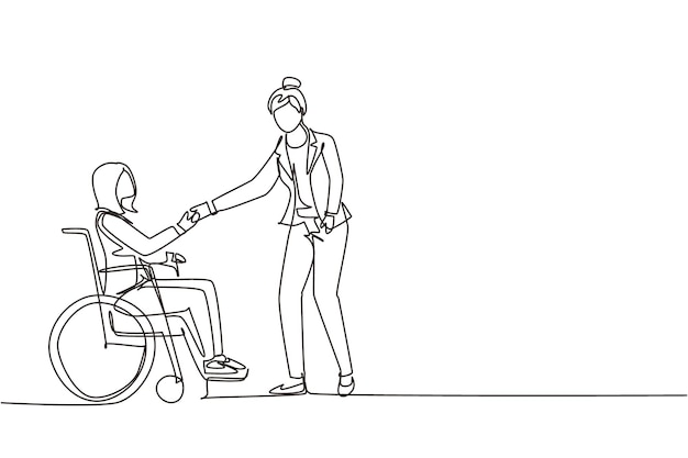 Dibujo continuo de una línea de trabajo de discapacidad para mujeres discapacitadas que se sientan en silla de ruedas