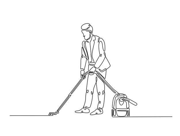 Dibujo continuo de una línea del trabajo de limpieza de la ama de llaves utilizando la aspiradora