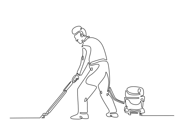 Vector dibujo continuo de una línea del trabajo de limpieza de la ama de llaves utilizando la aspiradora