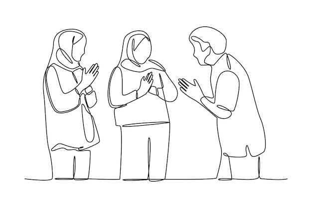 Dibujo continuo de una línea de tres personas que se visitan el uno al otro para Eid al-Fitr Feliz día de amistad con la familia y servir a la gente Amistad concepto minimalista Dibujo de línea única vector de diseño