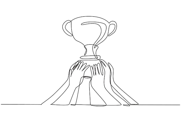 Un dibujo continuo de una línea trofeo dorado sostenido por muchas manos símbolo de ganar campeonatos
