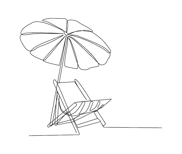 Dibujo continuo de una línea de tumbona Sombrilla de playa y silla para la ilustración de vector de arte de línea de vacaciones de verano