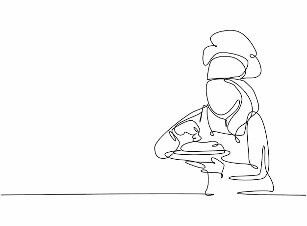 Dibujo continuo de una línea de vector de diseño de sal y pimienta espumoso de chef femenina de belleza segura