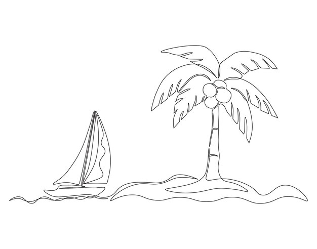 Dibujo continuo de una línea de velero en el borde de la palmera Ilustración de un dibujo de línea de un velero con palma Arte de línea de concepto de paisaje hermoso Contorno editable