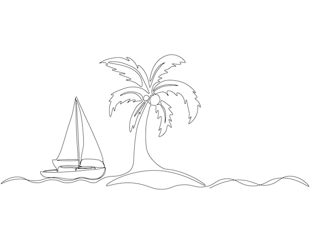 Dibujo continuo de una línea de velero en el borde de la palmera Ilustración de un dibujo de línea de un velero con palma Arte de línea de concepto de paisaje hermoso Contorno editable