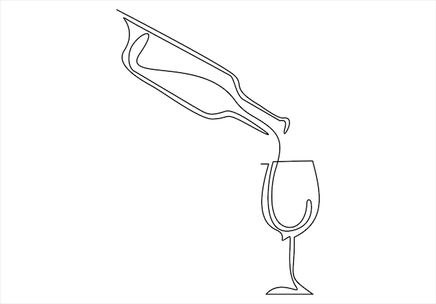 Dibujo continuo de una línea de vino abstracto vertiendo en la copa de vino