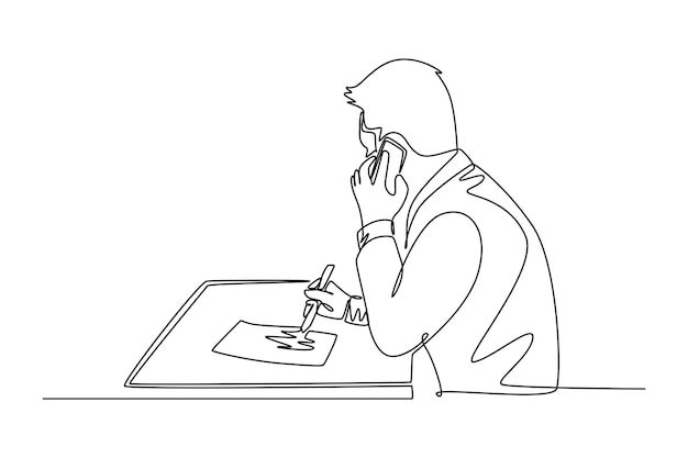 Dibujo continuo de una línea vista atrás CEO de una startup escribiendo un borrador de acuerdo de negocio en papel y consultando con su mentor por teléfono Mentoría de negocios Dibujo de línea única diseño gráfico vectorial Ilustración
