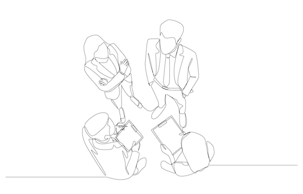 Dibujo continuo de una línea de la vista superior de personas de negocios hablando sobre el trabajo discusión de negocios