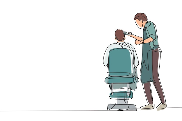 Dibujo continuo de una línea vista trasera de un guapo peluquero estilista que sirve al cliente