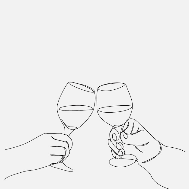 Vector dibujo continuo de una línea de vítores de copa de vino