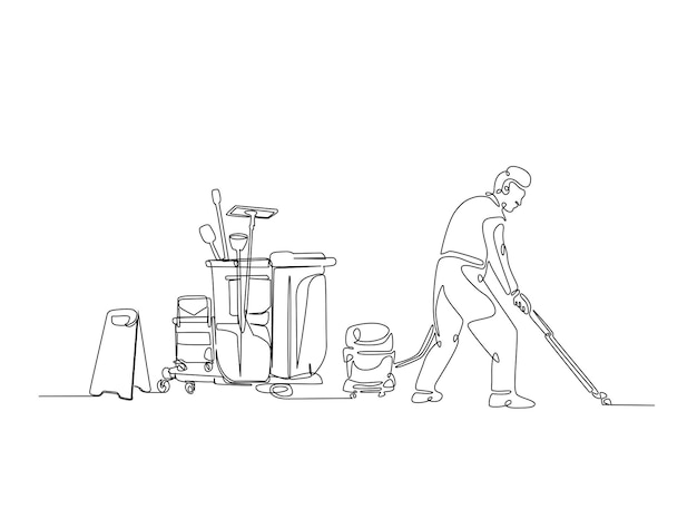 Dibujo continuo de una línea de la zona de limpieza del conserje con aspiradora