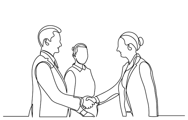 dibujo continuo de líneas felices socios de negocios confiados hombres y mujeres estrechando la mano