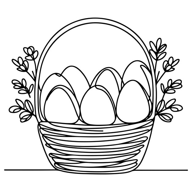 Un dibujo continuo a mano de línea negra canasta huevos de Pascua garabateado decorado con muchos diseños diferentes para el contorno del huevo de Pascua vector de estilo