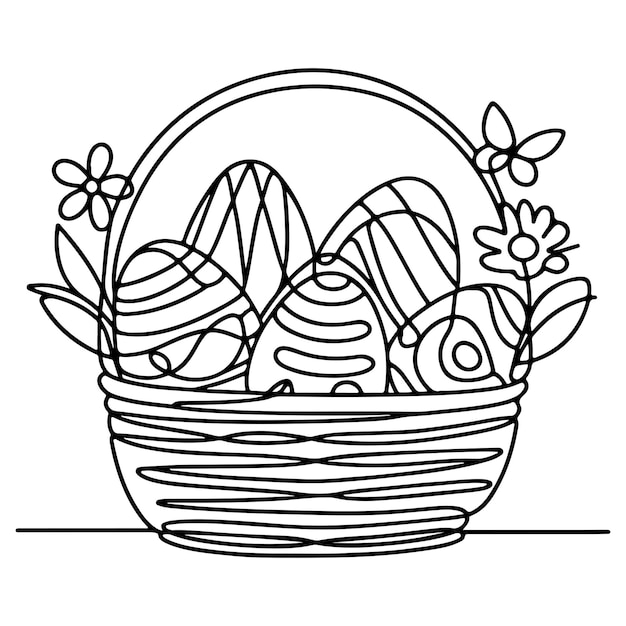 Vector un dibujo continuo a mano de línea negra canasta huevos de pascua garabateado decorado con muchos diseños diferentes para el contorno del huevo de pascua vector de estilo