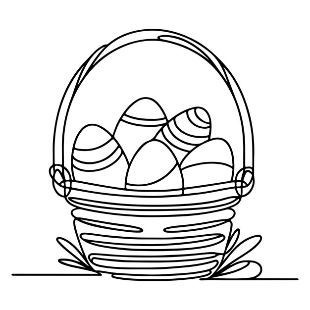 Un dibujo continuo a mano de línea negra canasta huevos de Pascua garabateado decorado con muchos diseños diferentes para el contorno del huevo de Pascua vector de estilo
