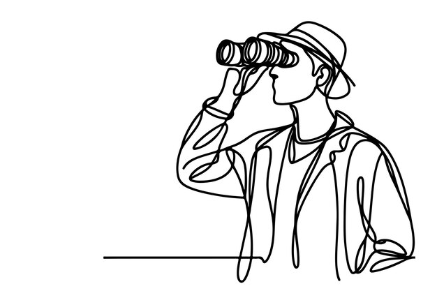 Un dibujo continuo de mano de línea negra de un viajero de pie sosteniendo un binocular y mirando