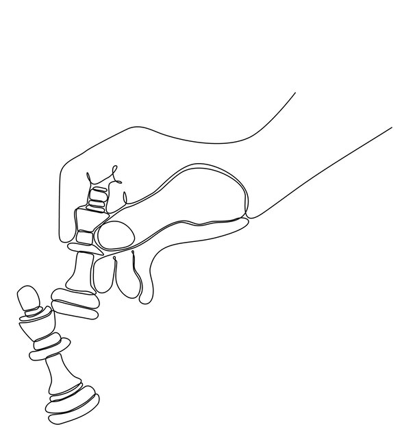 Dibujo continuo de las manos de los hombres de negocios moviendo figuras de ajedrez en el juego de éxito de la competencia.