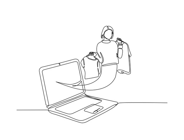 Un dibujo continuo de una mujer sosteniendo ropa sale de la computadora portátil