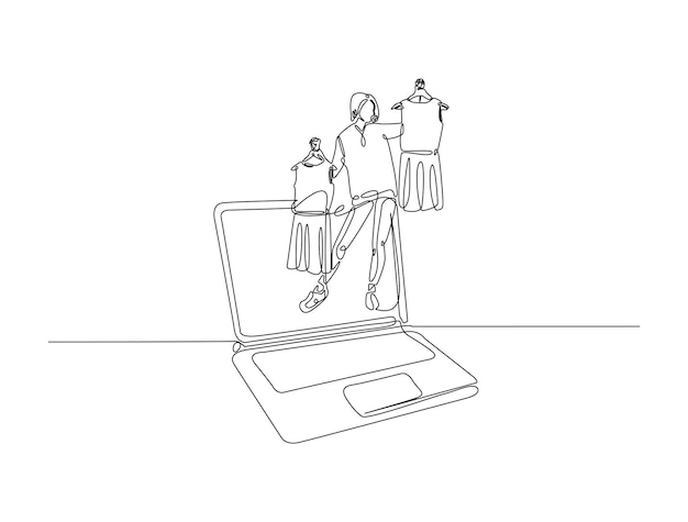 Un dibujo continuo de una mujer sosteniendo ropa sale de la computadora portátil